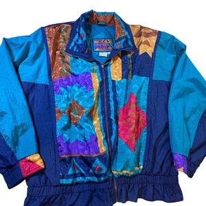 Vintage Winterset Colorblock Windbreaker Jacket Geometric 80s 90s Teal Blue L